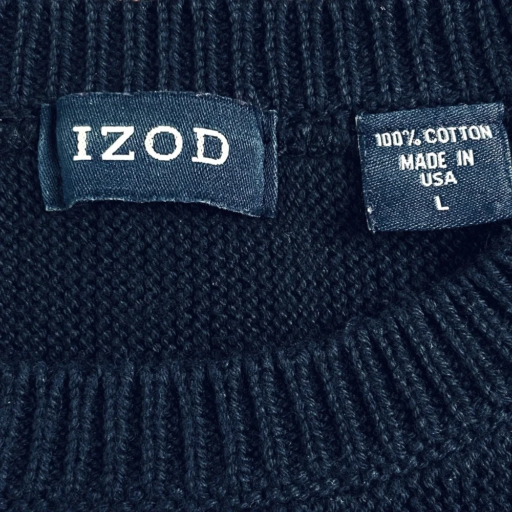 Vintage Izod Men's Knit Sweater L Blue Wide Rib Crew Neck Crest Logo Made in USA